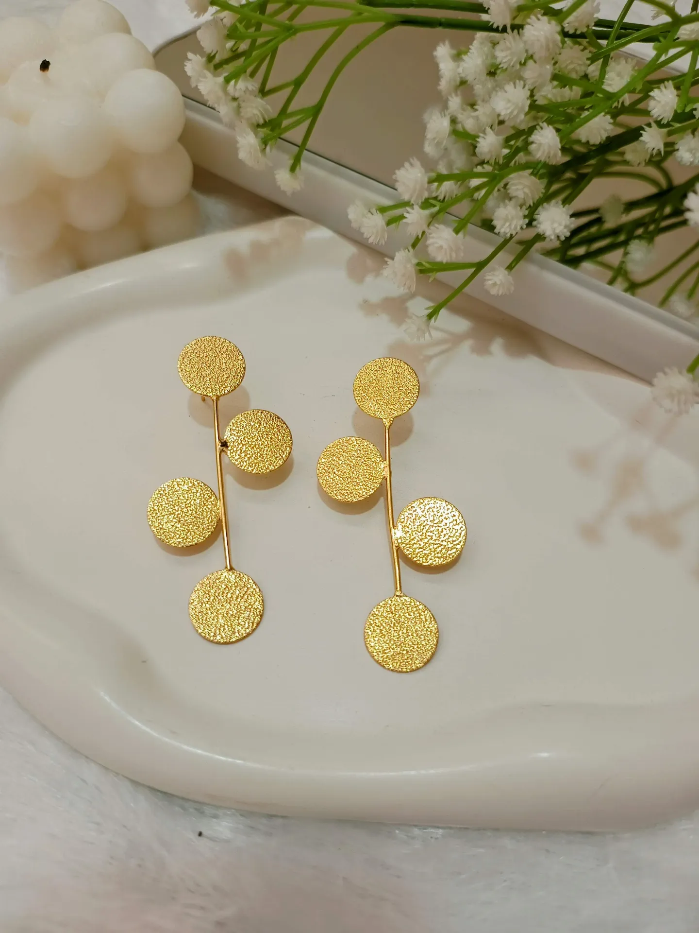 Golden Textured Triple Disc Drop Earrings