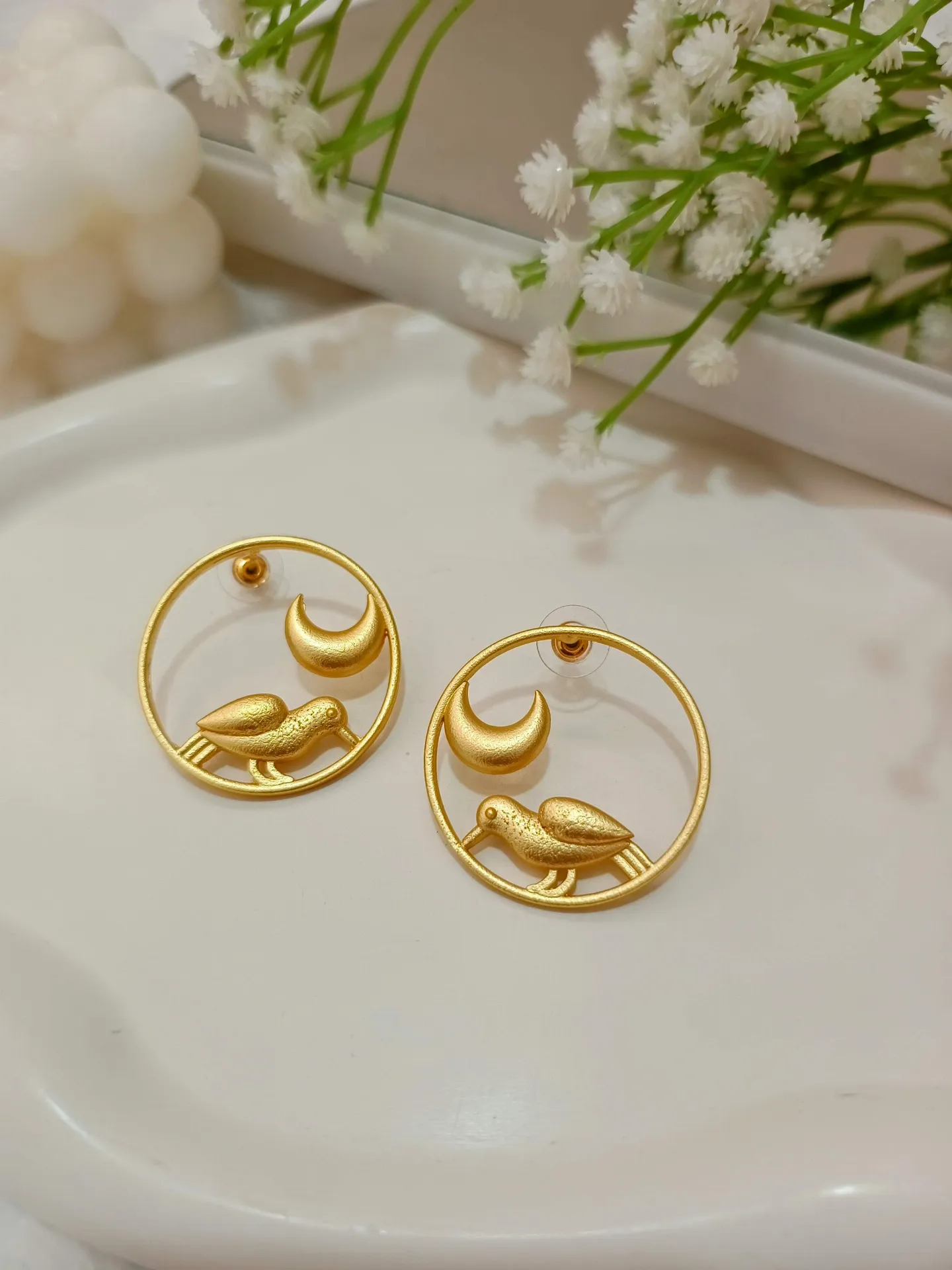 Golden Bird and Crescent Statement Earrings